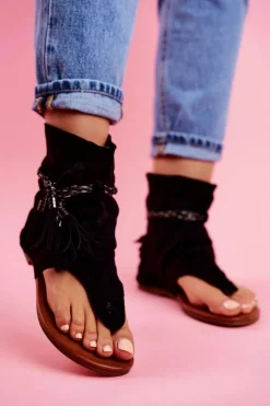 Damskie Sandałki Japonki Z Cholewką Czarne SL1011 Madrit