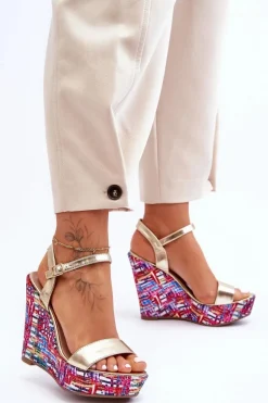 Damskie Sandałki Na Kolorowym Koturnie Złote Malibu