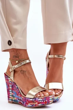 Damskie Sandałki Na Kolorowym Koturnie Złote Malibu