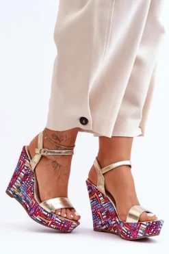 Damskie Sandałki Na Kolorowym Koturnie Złote Malibu