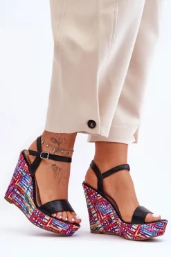 Damskie Sandałki Na Kolorowym Koturnie Czarne Malibu