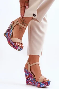 Damskie Sandałki Na Kolorowym Koturnie Beżowe Malibu