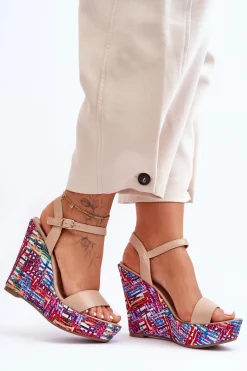 Damskie Sandałki Na Kolorowym Koturnie Beżowe Malibu