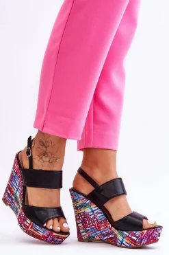 Damskie Sandałki Na Koturnie Czarne Calderia