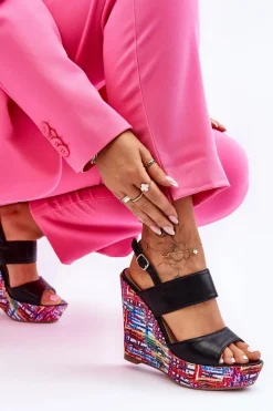 Damskie Sandałki Na Koturnie Czarne Calderia