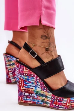 Damskie Sandałki Na Koturnie Czarne Calderia