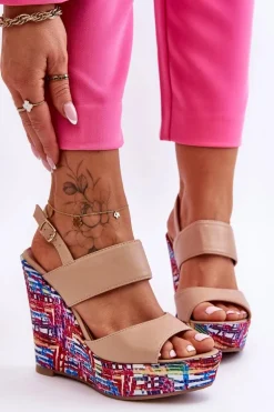 Damskie Sandałki Na Koturnie Beżowe Calderia