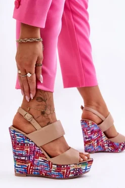 Damskie Sandałki Na Koturnie Beżowe Calderia