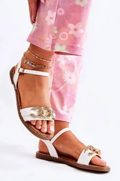 Damskie Sandałki Na Płaskim Obcasie Z Łańcuchem Białe Minevra