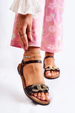 Damskie Sandałki Na Płaskim Obcasie Z Łańcuchem Czarne Minevra