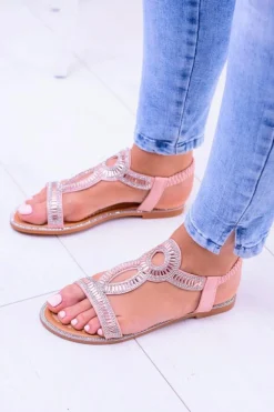 Damskie Sandałki z Cyrkoniami Rent Pudrowy Róż