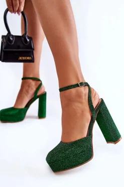 Damskie Sandały Brokatowe Na Słupku Zielone Rosel