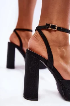 Damskie Sandały Brokatowe Na Słupku Czarne Rosel