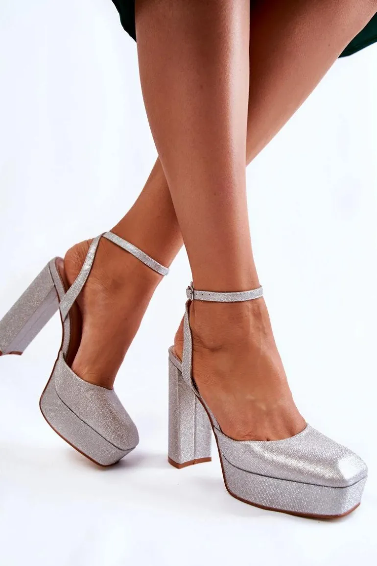 Damskie Sandały Brokatowe Na Słupku Srebrne Rosel