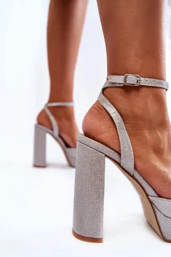 Damskie Sandały Brokatowe Na Słupku Srebrne Rosel