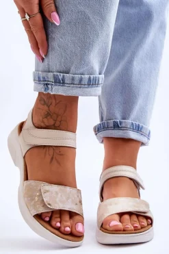 Damskie Sandały Comfort Shoe Na Rzep Beżowo-Złote Grace