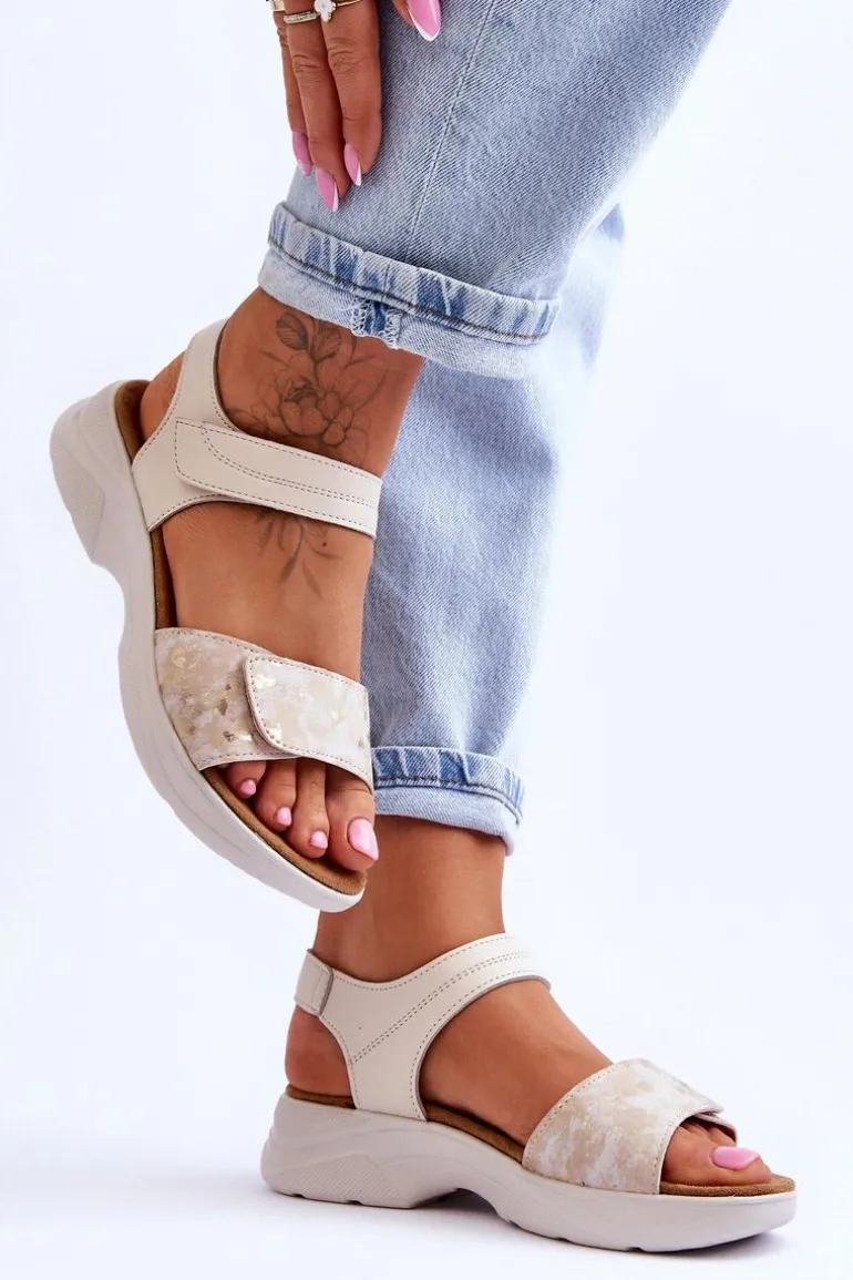 Damskie Sandały Comfort Shoe Na Rzep Beżowo-Złote Grace