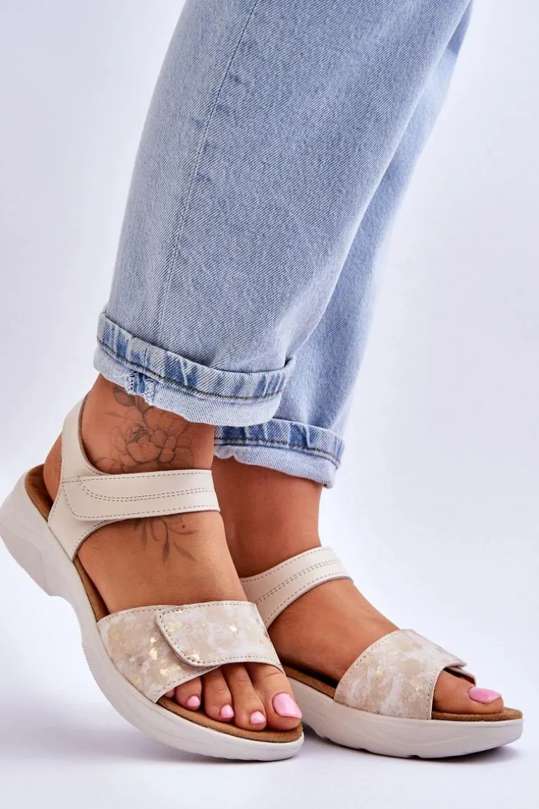 Damskie Sandały Comfort Shoe Na Rzep Beżowo-Złote Grace