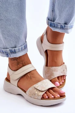 Damskie Sandały Comfort Shoe Na Rzep Beżowo-Złote Grace