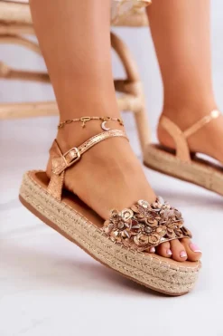 Damskie Sandały Espadryle Z Kwiatami Różowe Złoto Marlon