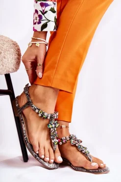 Damskie Sandały Japonki Z Cyrkoniami Szare Ivanne