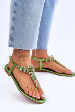 Damskie Sandały Japonki Z Kamieniami Zielone Lenisa