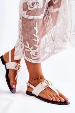 Damskie Sandały Japonki Z Ozdobą Białe Calia