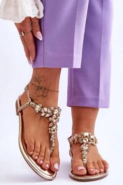 Damskie Sandały Japonki Z Kamieniami Złote Lenisa