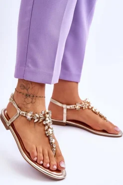 Damskie Sandały Japonki Z Kamieniami Złote Lenisa