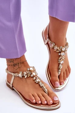 Damskie Sandały Japonki Z Kamieniami Złote Lenisa