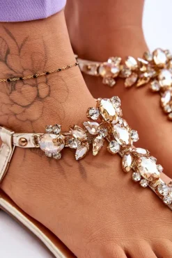 Damskie Sandały Japonki Z Kamieniami Złote Lenisa