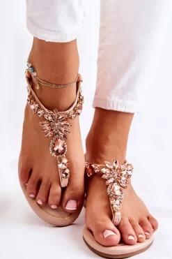 Damskie Sandały Japonki Z Ozdobnymi Kryształami Różowe Selia