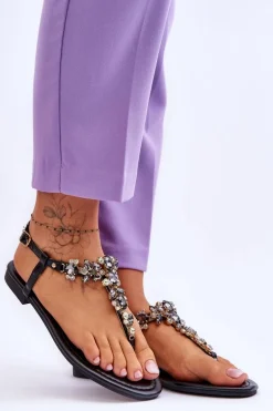 Damskie Sandały Japonki Z Kamieniami Czarne Lenisa