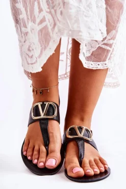 Damskie Sandały Japonki Z Ozdobą Czarne Calia