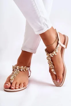 Damskie Sandały Japonki Z Ozdobnym Paskiem Beżowe Daylight