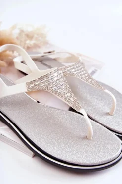 Damskie Sandały Japonki Z Ozdobami Białe Atlanta