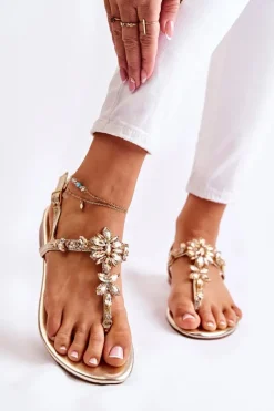 Damskie Sandały Japonki Z Cyrkoniami Złote Solea