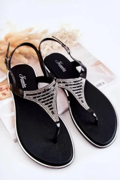 Damskie Sandały Japonki Z Ozdobami Czarne Atlanta