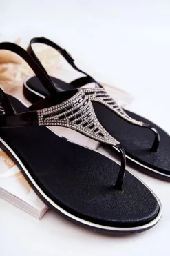 Damskie Sandały Japonki Z Ozdobami Czarne Atlanta