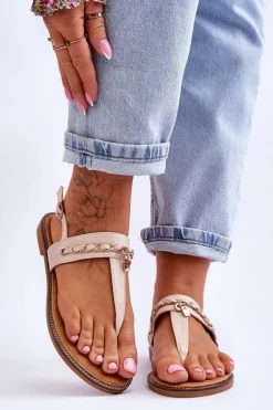 Damskie Sandały Japonki Z Łańcuszkiem Beżowe Jessica