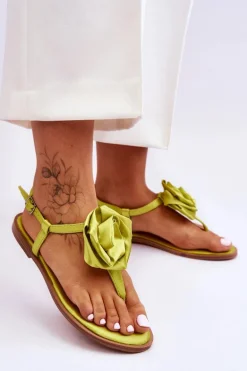Damskie Sandały Japonki Z Materiałową Różą Limonkowe Carisma