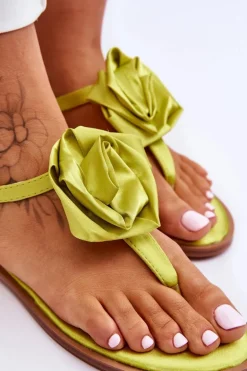 Damskie Sandały Japonki Z Materiałową Różą Limonkowe Carisma