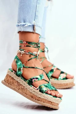 Damskie Sandały Na Korkowej Platformie Wiązane Zielone My Way