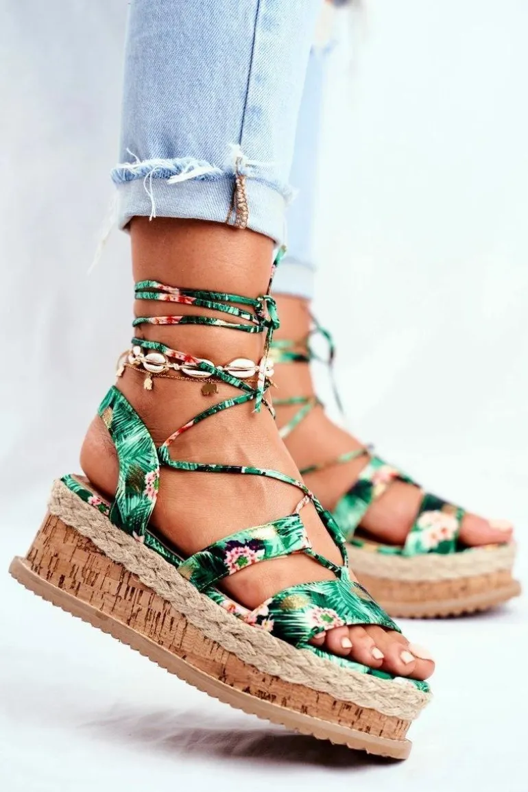 Damskie Sandały Na Korkowej Platformie Wiązane Zielone My Way