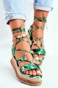 Damskie Sandały Na Korkowej Platformie Wiązane Zielone My Way