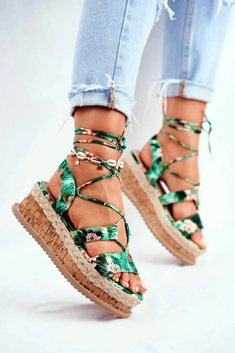 Damskie Sandały Na Korkowej Platformie Wiązane Zielone My Way