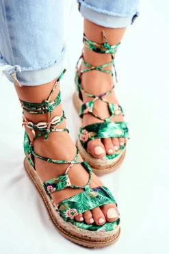 Damskie Sandały Na Korkowej Platformie Wiązane Zielone My Way