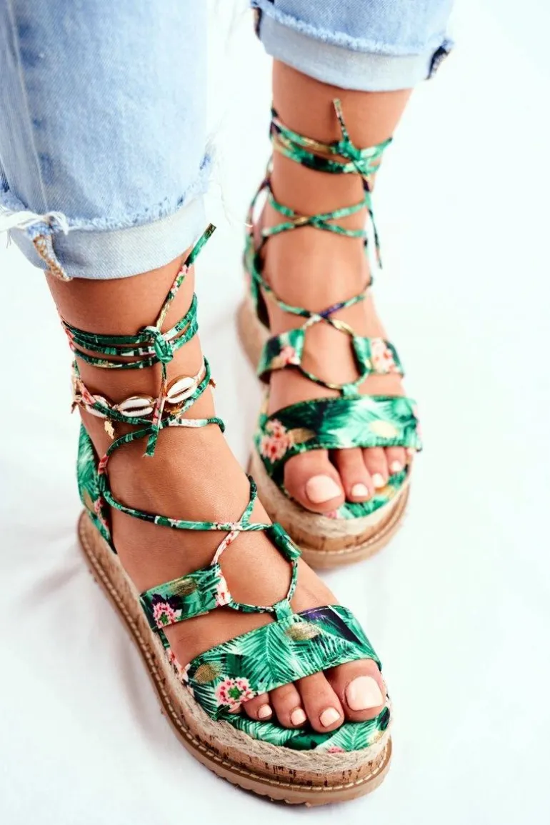 Damskie Sandały Na Korkowej Platformie Wiązane Zielone My Way