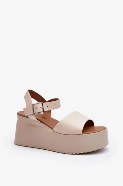 Damskie Sandały Na Koturnie Beżowe Geferia