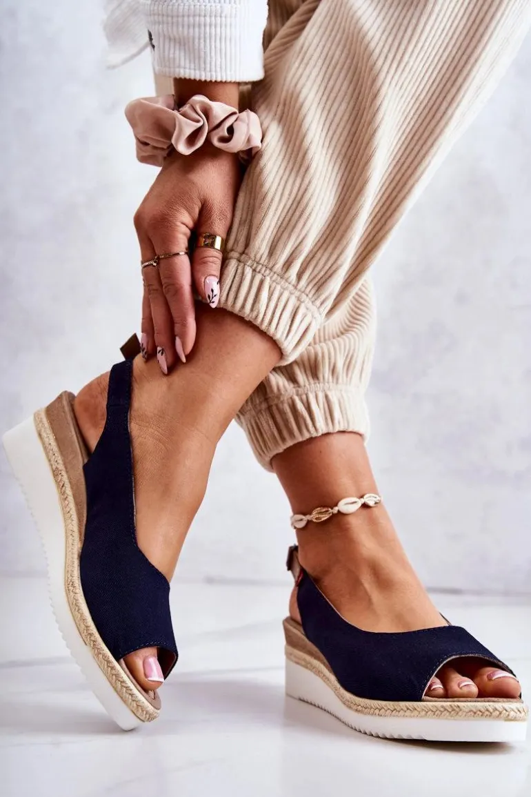 Damskie Sandały Na Koturnie Big Star JJ276046 Granatowe